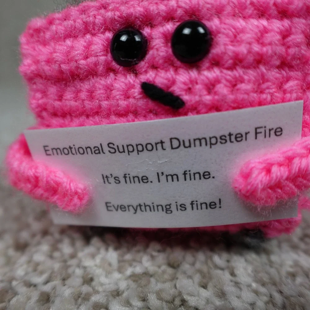Handmade Pink Crochet Emotional Support Dumpster Fire Amigurumi Plush Desk Decor